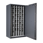 STL AS car key safe in graphite grey with door fully open, showing interior key racks and the keypad on the door