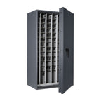 STL AS car key safe in graphite grey, door open showing pull-out racks loaded with car keys and fobs